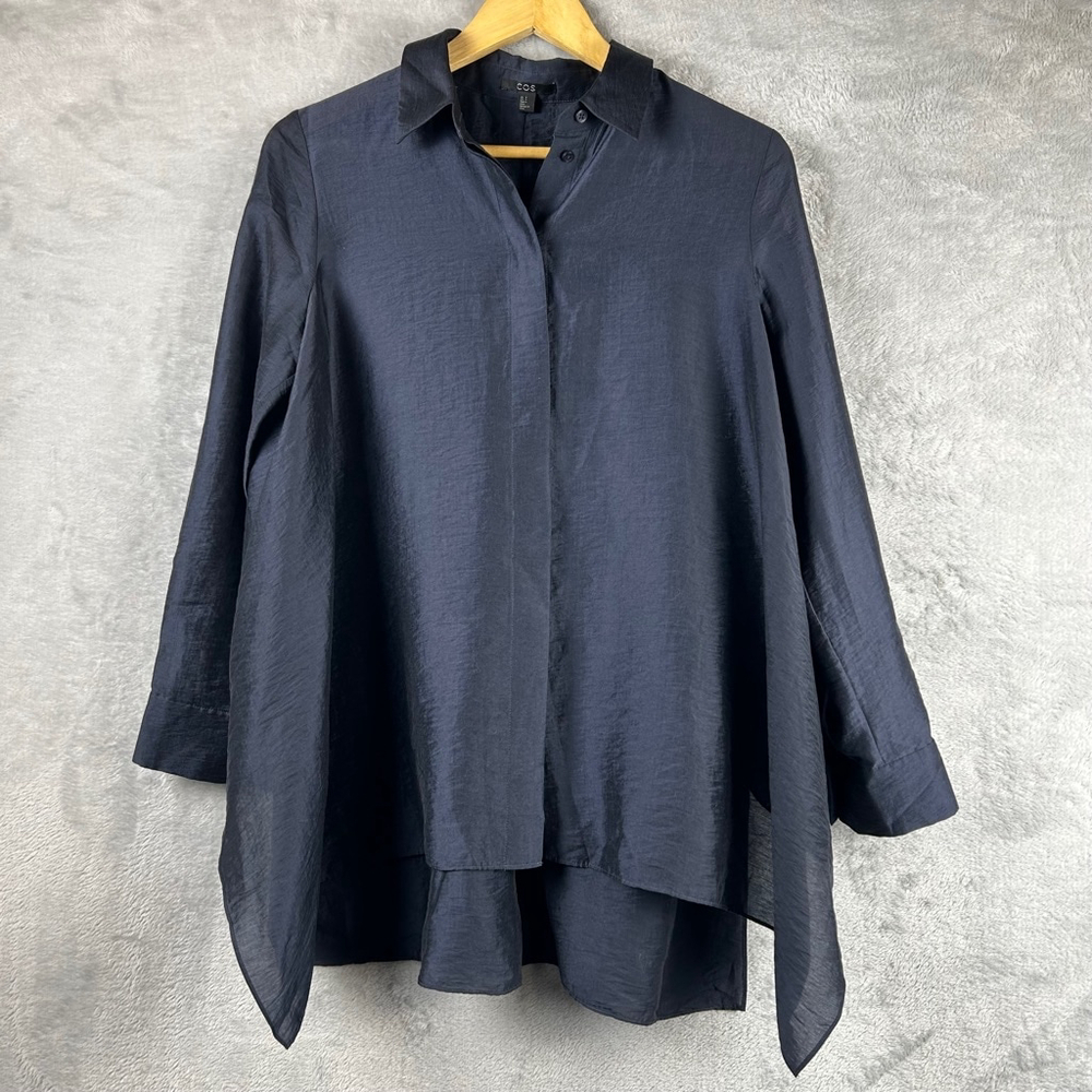 COS Button Up Shirt Women's 4 Midnight Blue Crinkled Draped Shirt - Picture 2 of 12